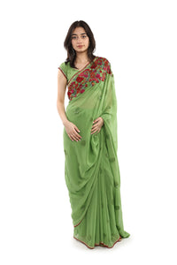 Green georgette saree/French knot embroidery/cut dana