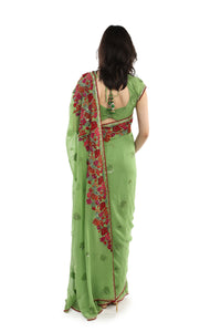 Green georgette saree/French knot embroidery/cut dana