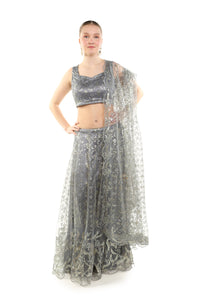 Grey net lahenga/gold embroidery/cequins
