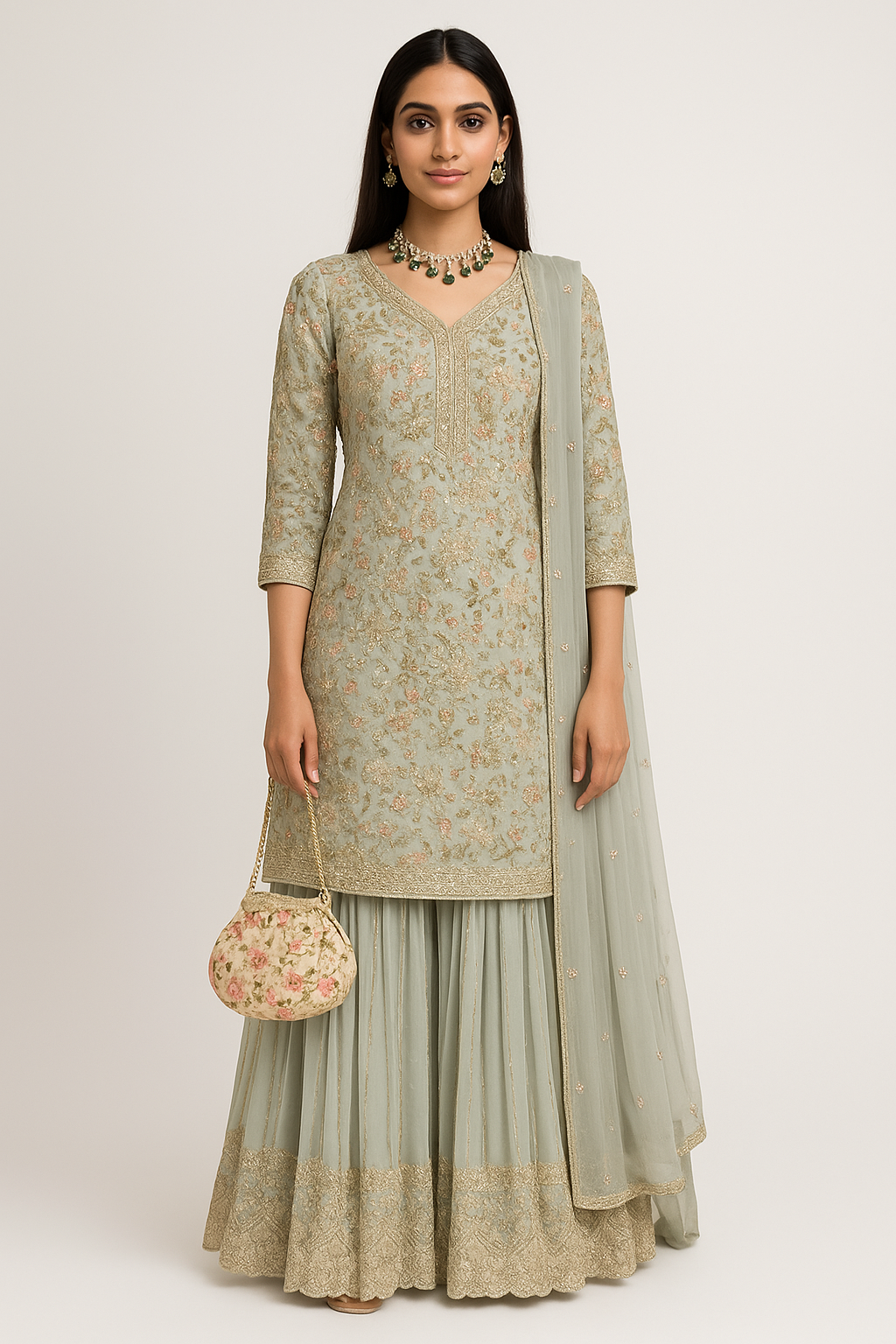 Light Grey Hand Embroidered Sharara