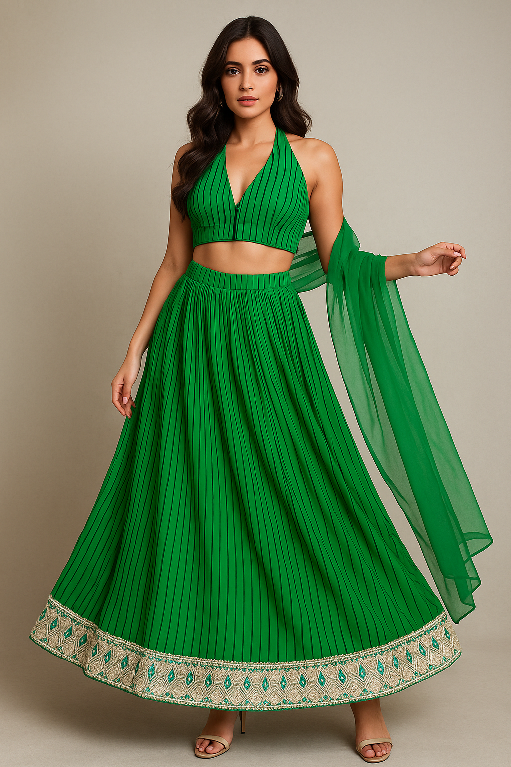Green striped georgette lahenga