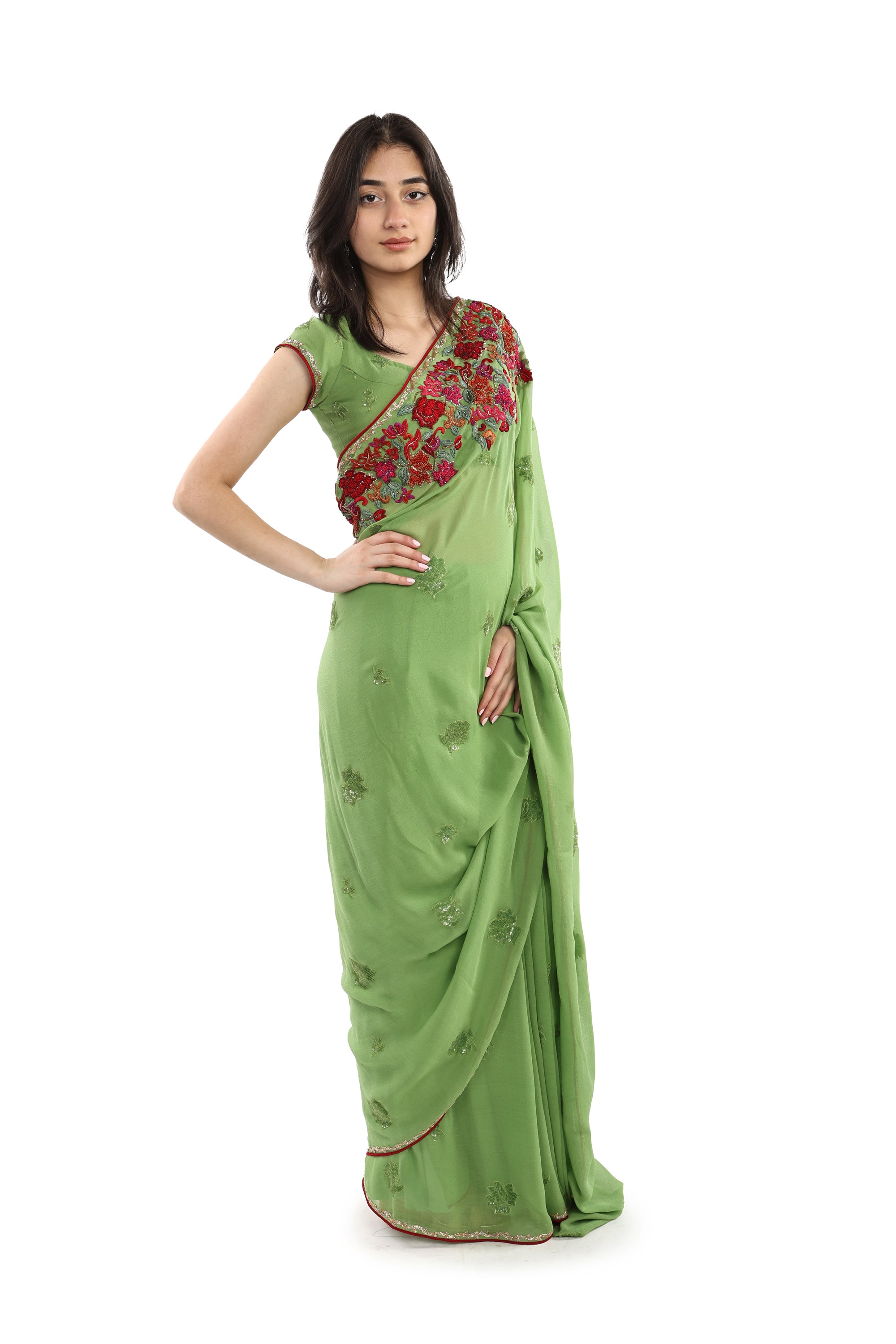 Green georgette saree/French knot embroidery/cut dana