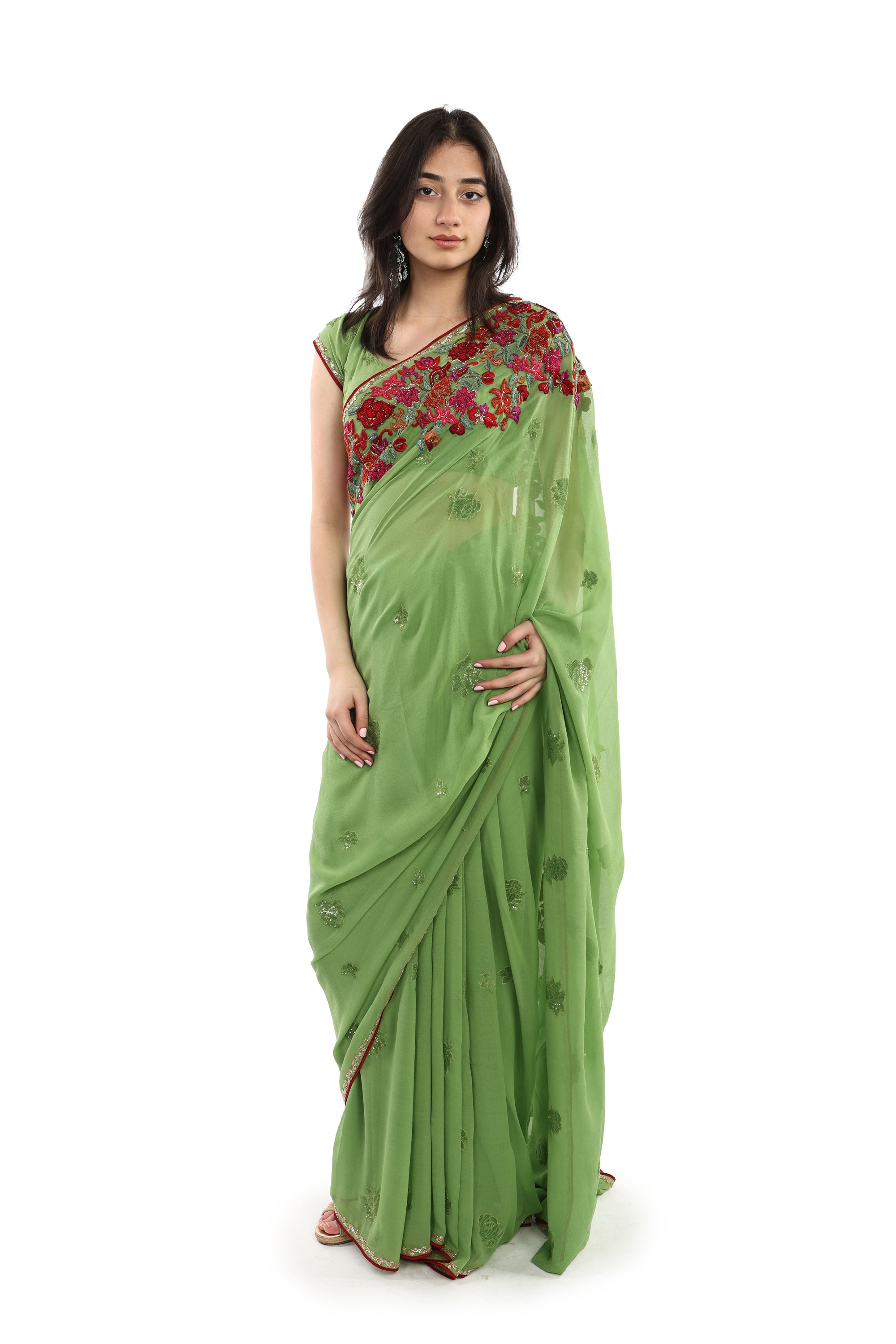 Green georgette saree/French knot embroidery/cut dana