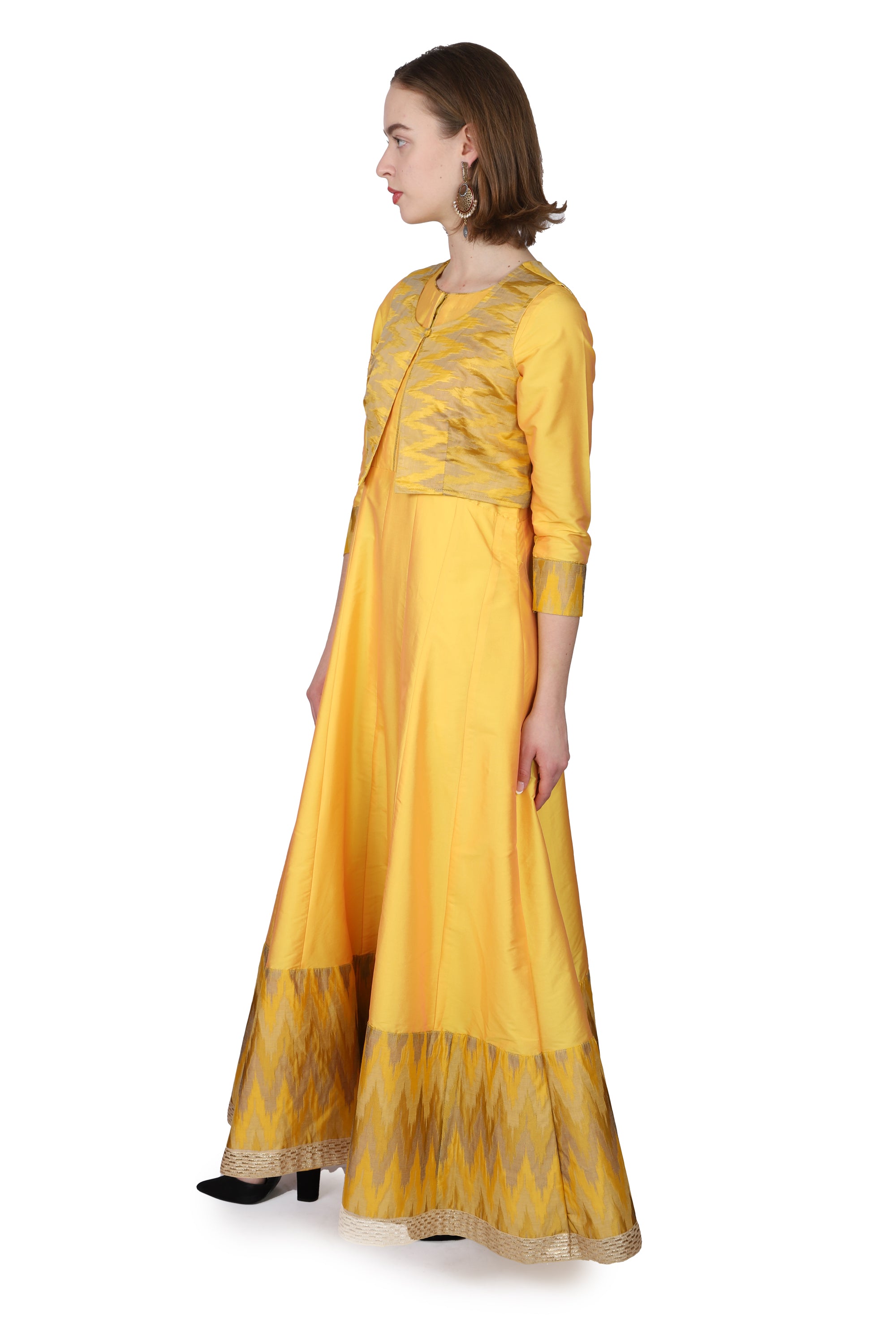 Yellow Silk Anarkali/Waistcoat