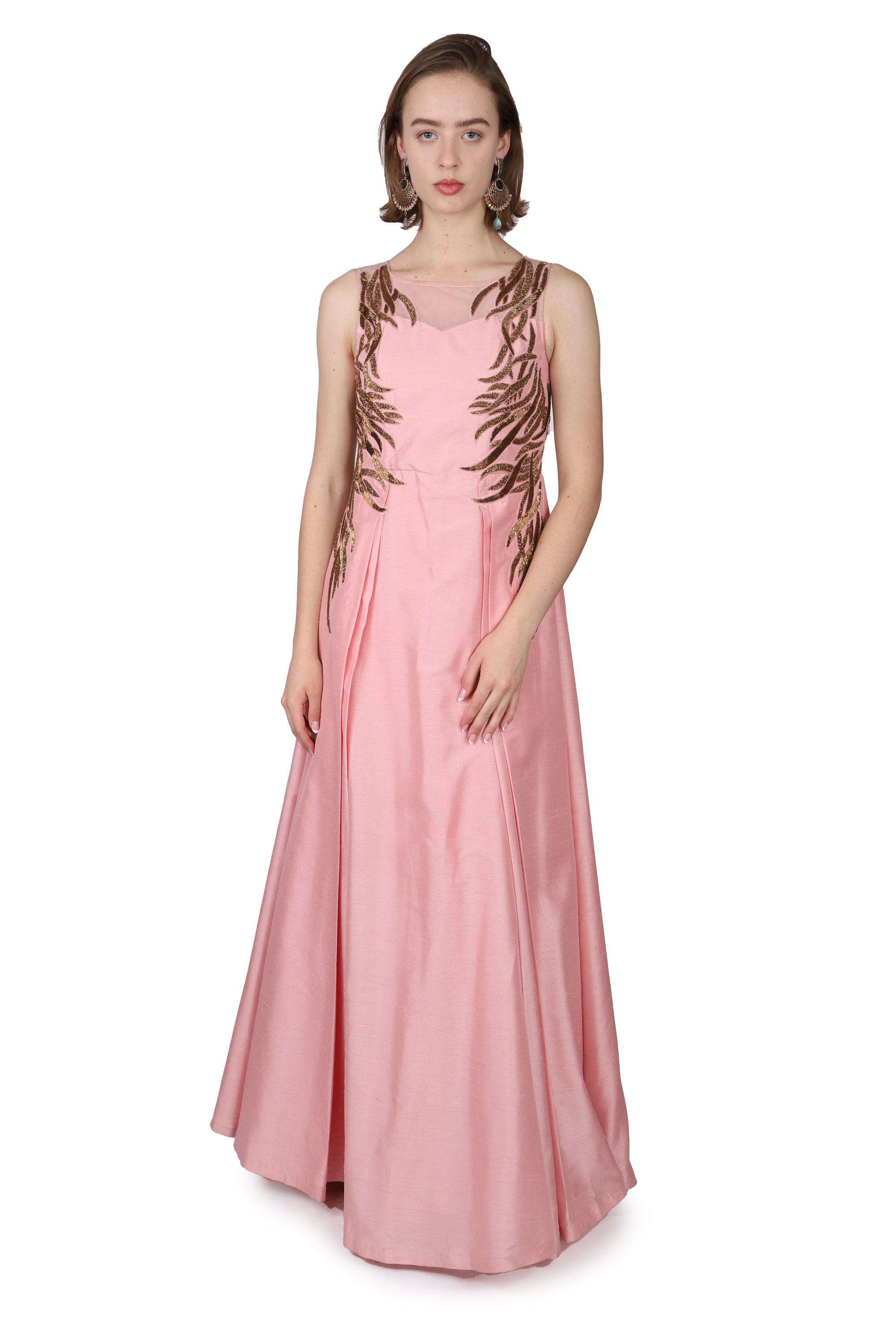 Pink silk gown/copper beadwork