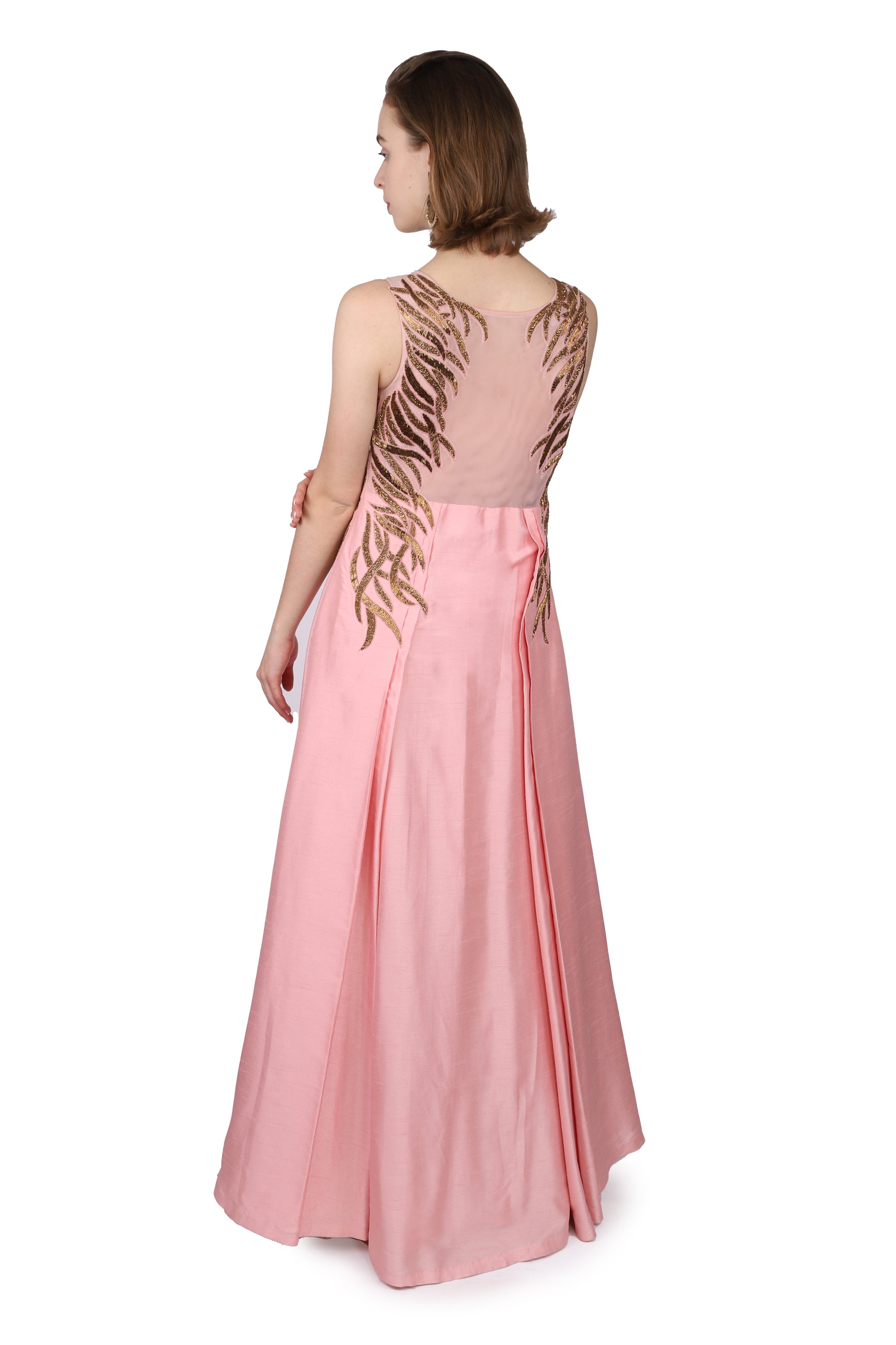 Pink silk gown/copper beadwork